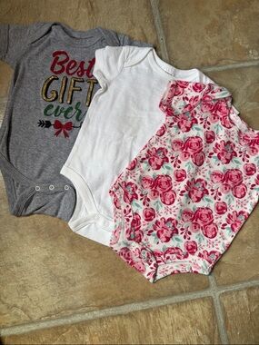 Baby Girl Onesie Bodysuit Trio - Pink, White, Gray Holiday Gift - 0-3 month size